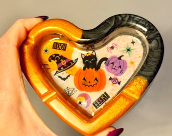 Hars asbak met Halloween-thema - Hartvormige sieradenschaal met zwarte kat en pompoen - Spooky Vibes cadeau