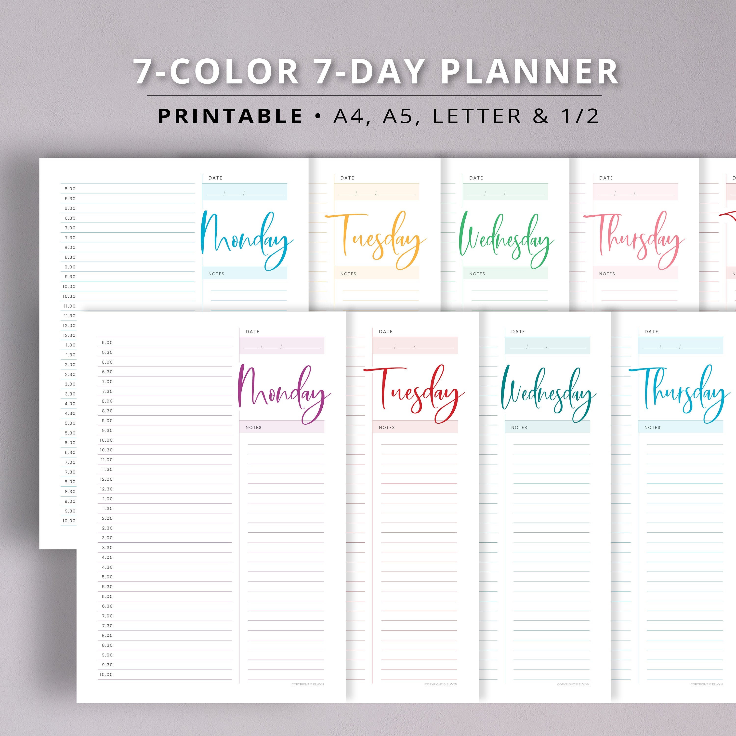 7 day daily planner printable pdf undated planner hourly etsy