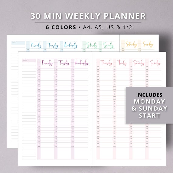 Printable Weekly Planner Half Hour 2 Pages Pdf Undated Daily | Etsy