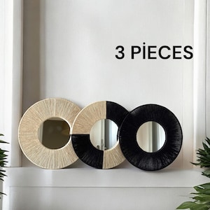 Jute Mirror Set, 3 Pieces Boho Mirror, Black Wall Hanging Mirror, Handmade Round Living Room Mirror, Housewarming Gift, Gift For Her