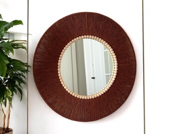 Cinnamon Round Mirror, Boho Mirror,  Retro Decor, Housewarming Gift, Best Seller, Newborn Gift, Fast Shipping, Naturel Bead, Large Mirror
