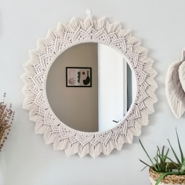 Large Macrame Mirror | White Wall Decor | Housewarming And Birtday Gift | Living Room Decor | Boho Mirror | Express Shipping (1-3 Days)