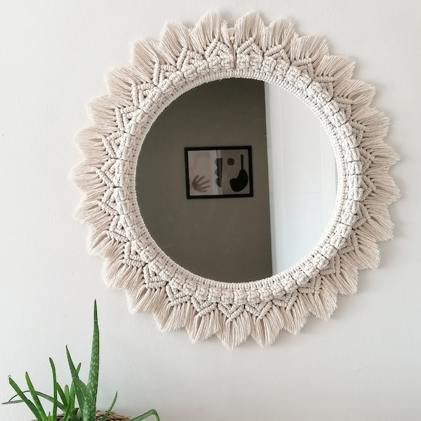 Miroir simple de décor de Macrome, miroir rond de mur suspendu, décoration de mariage de Boho, miroir décoratif encadré de Macrame, expédition de jour suivant