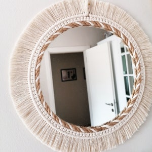 Large Round Macrame, Knitted Rope Mirror, Boho White Decor, Express Shipping (1-3 days), Woven Macrame Wall Hanging