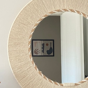 Cream Jute Wall Mirror, Soft Round Mirror, Boho Wall Hanging, Mother’s Day Gift, Large Size Mirror, Living Room Decor, Handmade Boho Decor