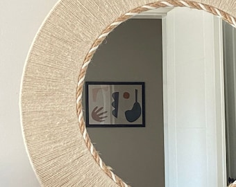Cream Jute Wall Mirror, Soft Round Mirror, Boho Wall Hanging, Mother’s Day Gift, Large Size Mirror, Living Room Decor, Handmade Boho Decor