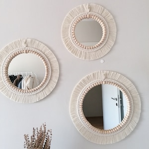 Macrame Set Mirror, Soft Round Mirror, Nursery Wall Decor, Mothers Day Gift, Wooden Bead Wall Mirror, Housewarming Gift, Boho Wall Mirror