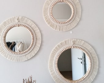 Macrame Set Mirror, Soft Round Mirror, Nursery Wall Decor, Mothers Day Gift, Wooden Bead Wall Mirror, Housewarming Gift, Boho Wall Mirror