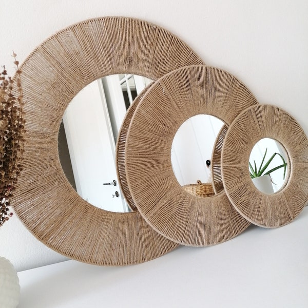 Jute Handmade Mirror , Natural Boho Home Decor , Vintage Mirror ,  Vanity Mirror Brown Frame Mirror , Anniversary Gift , Next Day Shipping