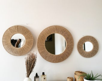 3 Set Boho Jute Wall Decor | Mother's Days Gift | Circle Mirror | Paille Frame Mirror | Living Room Vintage Decor | Next Day Shipping