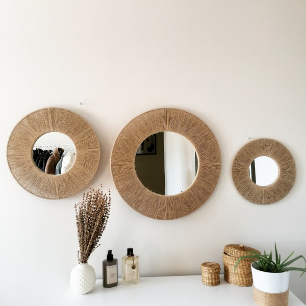 3 Set Boho Jute Wall Decor | Mother's Days Gift | Circle Mirror | Paille Frame Mirror | Living Room Vintage Decor | Next Day Shipping