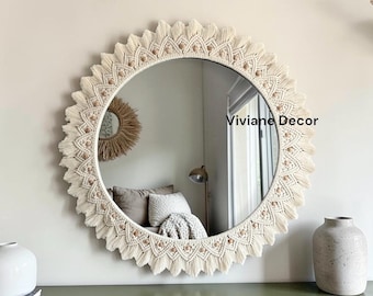 Grand miroir en macramé | Décoration murale | Cadeau de pendaison de crémaillère et d'anniversaire | Décoration murale pour chambre de bébé | Miroir bohème | Cadeau fête des mères
