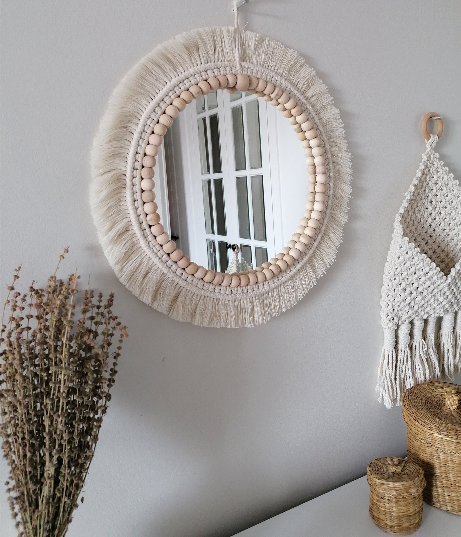 Macrame Mirror Bead Macrame Boho Wall Hanging Mirror Etsy
