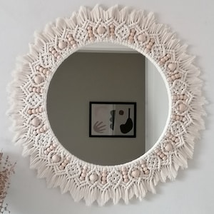 Macrame Boho Mirror, Large Beaded Wall Mirror, Round Wooden Naturel Wall Decor, White Wall Mirror, Housewarming And Mother&#39;s Day Gift, Boho