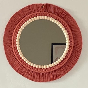 Rust Macrame Mirror, Bead Living Room Decor Macrame, Boho Hanging Mirror, Handmade Wall Decor, New Baby Room Gift, Baby Boy Room Decor