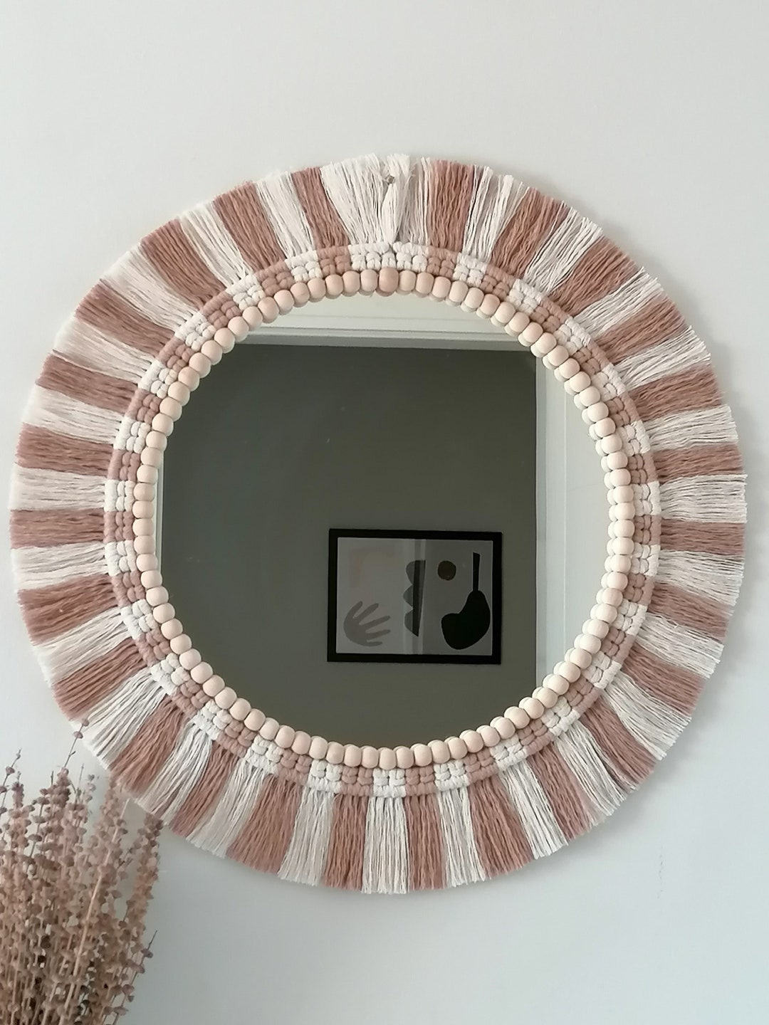 Brown White Macrame Wall Mirror , Woven Hanging Mirror , Natural Beaded ...