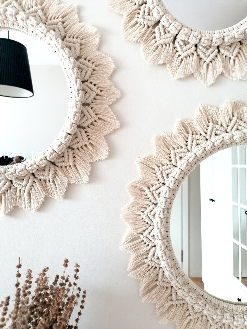 Set Macrame Wall Mirror Round Mirror Soft Macrame Boho Etsy