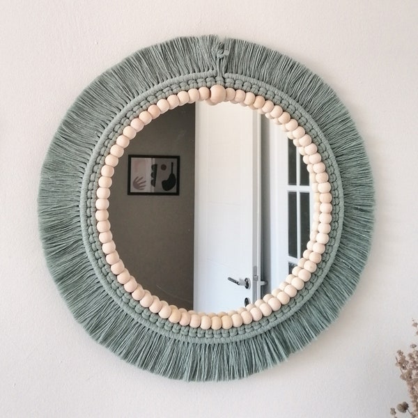 Green Soft  Macrame Mirror | Bead Macrame Wall Decor | Badroom Decor Gift | New House Gift | Boho Mirror | Next Day Shipping