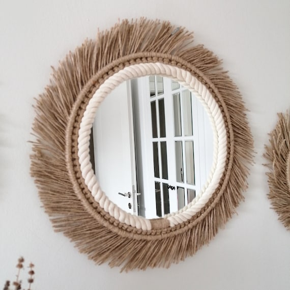 Jute Framed Macrame Mirror | Boho Wall Decor | Mothers Day Gift | Vintage Wall Mirror | Round Custom Size Mirror | Fast Shipping (1-3 Days)