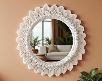 Handmade Macrame Mirror, Boho Wall Hanging Mirror, Round Decorative Mirror, Rustic Home Decor, Housewarming Gift, Nursery Soft Wall Mirror