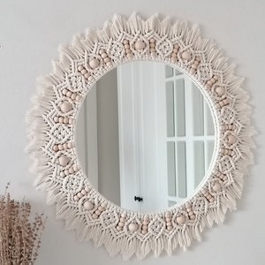 Large Beaded Mirror | White Wall Decor | Housewarming And Mother&#39;s Day Gift | Living Room Decor | Boho Mirror | Express Shipping (1-3 Days)