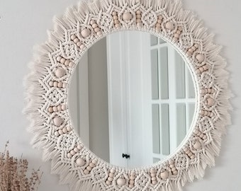 Large Beaded Mirror | White Wall Decor | Housewarming And Mother's Day Gift | Living Room Decor | Boho Mirror | Express Shipping (1-3 Days)