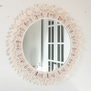 Large Beaded Mirror | White Wall Decor | Housewarming And Mother&#39;s Day Gift | Living Room Decor | Boho Mirror | Express Shipping (1-3 Days)