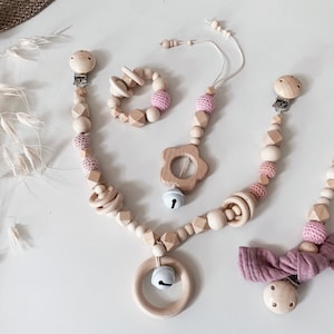 Set stroller chain, pacifier chain with name and gripper with name made of wood, Maxi Cosi pendant, gift set.Gift for baby