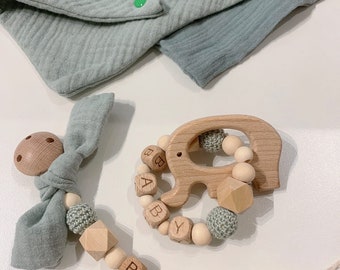 Schnullerkette und Greifling aus Holz, Bio Musselin,Geschenkset, Schnullerkette mit Name, personalisiert. Geschenk für Baby. Einzel oder Set