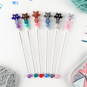 Custom Amigurumi Sewing Stick with Kawaii Bat Charm Topper
