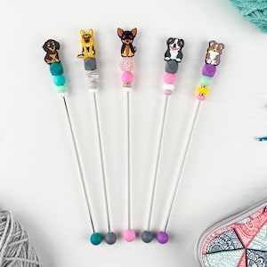 Custom Amigurumi Sewing Stick with Kawaii Dog Charm Topper