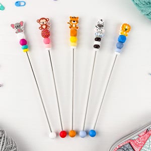 Custom Amigurumi Sewing Stick with Kawaii Zoo Animal Charm Topper