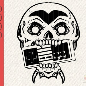 May include: Black and white illustration of a skull with a video game controller in its mouth. The skull has a menacing expression and sharp teeth. The controller has buttons labeled "A" and "B".