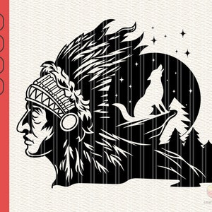 American Indian with Feathers on Head svg, American Indian and Wolf with Starry Moon Skies svg, American Indian clip art, svg, eps, png, dxf