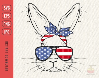 Cute Bunny Rabbit Independence Day svg, Bunny 4th of July svg, Cute Animal Independence Day svg, Bunny American flag glasses bandana svg
