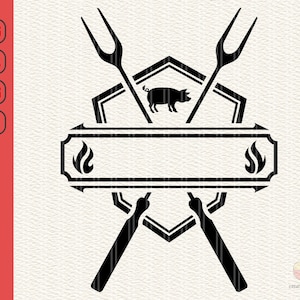 Puede incluir: Silueta en blanco y negro de un cerdo con tenedores de parrilla cruzados y una pancarta con un diseño de llama. La pancarta tiene un espacio en blanco para texto.