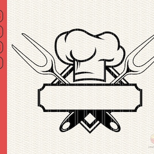 Może przedstawiać: Czarno-biała ilustracja czapki szefa kuchni z przekreślonymi widelcami i pustym banerem. Baner idealnie nadaje się do dodania spersonalizowanej wiadomości.