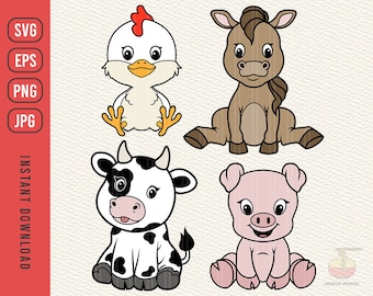 農場の動物、かわいい赤ちゃん農場の動物、馬、豚、牛、鶏、SVG、EPS、PNG、JPG、ベクターファイル、デジタルダウンロード、Cricut
