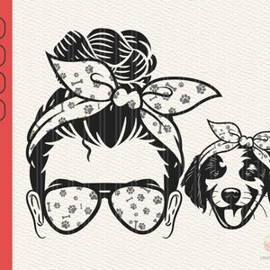 Dog Mom Svg, Mom Life Svg, Cute Dog Svg, Aspin Dog Svg, Girl Messy Hair Bun Bandana Lashes Mom Svg, Puppy Svg, Svg, Eps, Png, Dxf, Digital