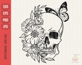 Floral Skull svg, Skull with Flowers svg, Skeleton Head with Flowers and Butterfly svg, Skull butterfly svg, Skeleton svg, eps, jpg, png