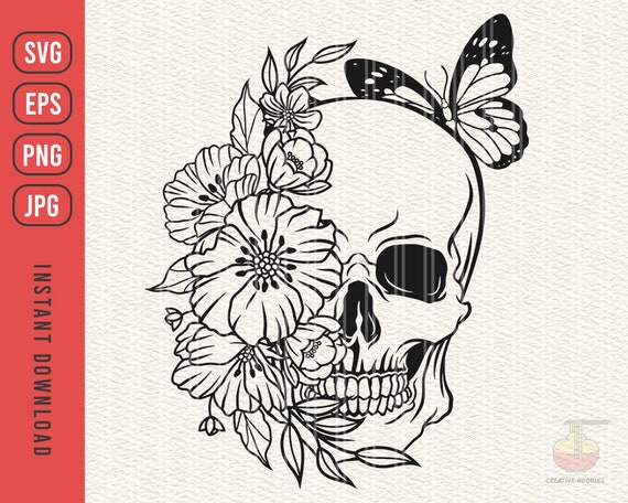 Floral Skull Svg, Skull With Flowers Svg, Skeleton Head With
