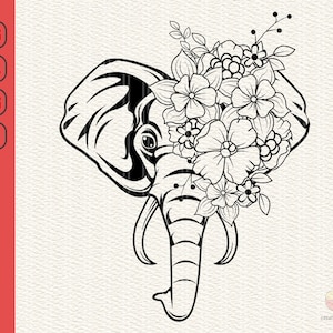 May include: Black and white line art illustration of an elephant's head with a floral crown of flowers and leaves.