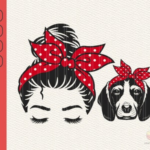 Dog Mom Svg, Mom Life Svg, Messy Hair Bun Svg, Mom Life Hair Lashes Polka Dot Bandana Svg, Beagle Dog Mom Svg, Svg, Dxf, Eps, Png, Digital