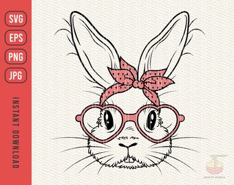 Cute Bunny Rabbit With Bandana svg, Bunny With Bandana svg, Bunny with Heart Glasses svg, Rabbit Bandana Glasses svg, dxf, png, eps