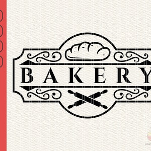 Puede incluir: Diseño gráfico en blanco y negro de un letrero de panadería con la palabra "BAKERY" en una fuente decorativa. El letrero presenta una hogaza de pan y rodillos cruzados.