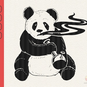 Può includere: Illustrazione in bianco e nero di un panda seduto che fuma un bong. Il fumo sale dal bong.