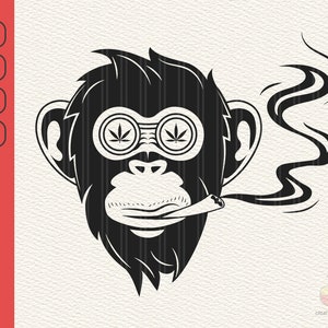 Könnte beinhalten: Schwarz-weiß-Illustration eines Affen, der eine Sonnenbrille mit Marihuana-Blättern in den Gläsern trägt. Der Affe raucht einen Joint und es kommt Rauch aus seinem Mund.