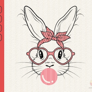 Cute Bunny Rabbit With Bandana Glasses Bubblegum, Bunny with Heart Glasses svg, Rabbit Bandana Glasses Bubblegum svg, dxf, png, eps