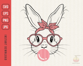 Cute Bunny Rabbit With Bandana Glasses Bubblegum, Bunny with Heart Glasses svg, Rabbit Bandana Glasses Bubblegum svg, dxf, png, eps