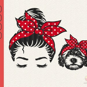 Dog Mom Svg, Mom Life Svg, Cute Dog Svg, Fur Dog Svg, Girl Messy Hair Bun Bandana Lashes Mom Svg, Puppy Svg, Svg, Eps, Png, Dxf, Digital